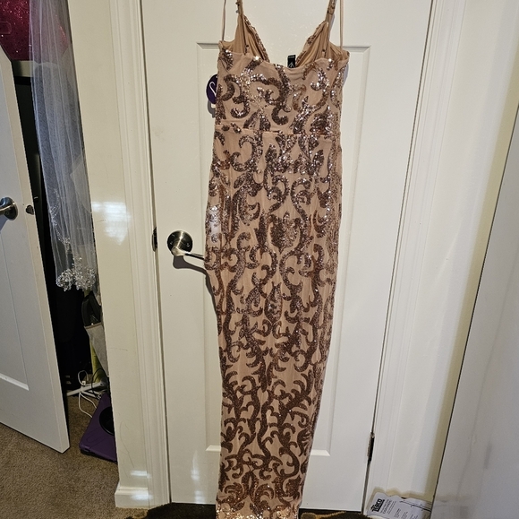Windsor Rose Gold floor length high left thigh slit.  Sparkle thin strap dress - Picture 3 of 4